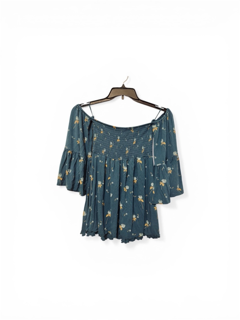 Free People Teal Floral Smocked Off-Shoulder Blouse XS Boho Peasant Top